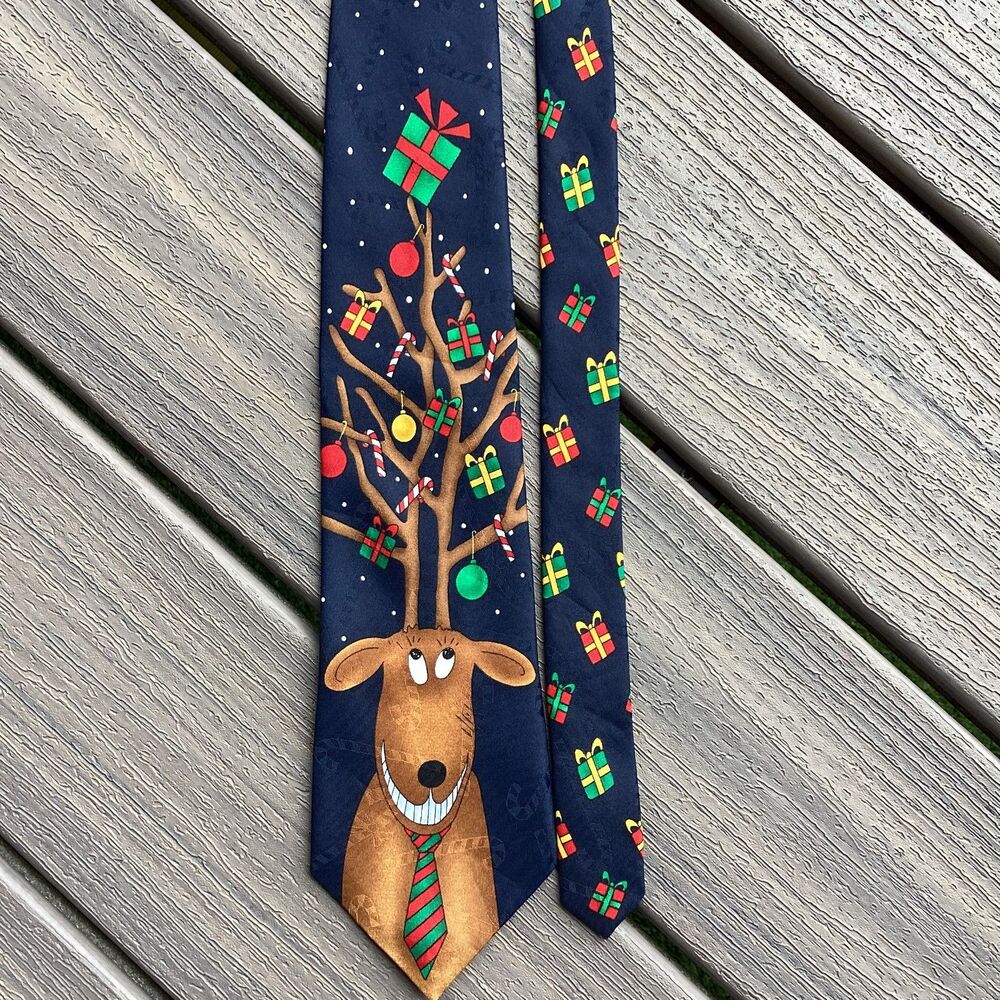 Mens Novelty Christmas Reindeer Tree Necktie Fun Holiday Party Accessory
